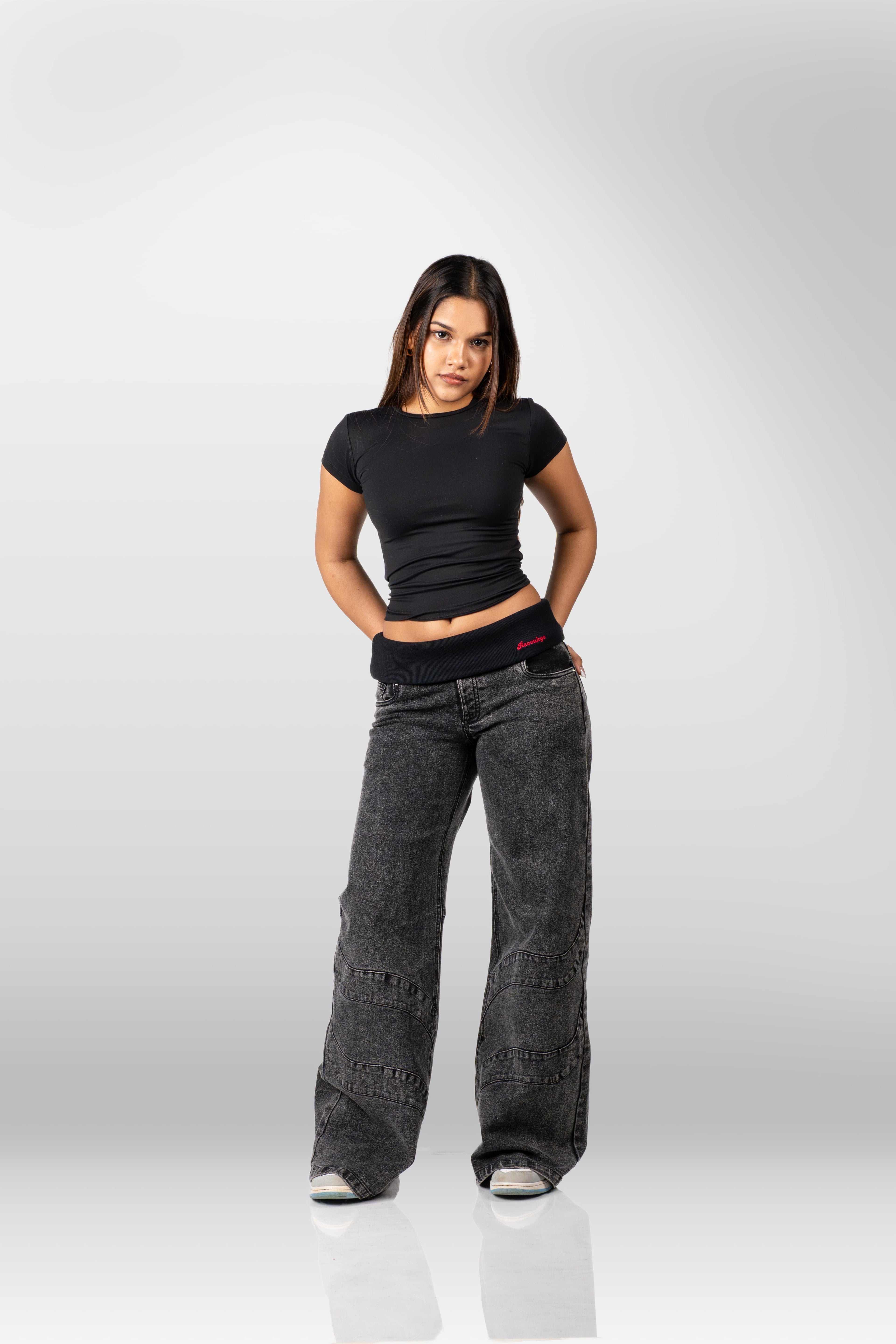 IT GIRL JEANS - BLACK ACID WASH (BLACK RIB)